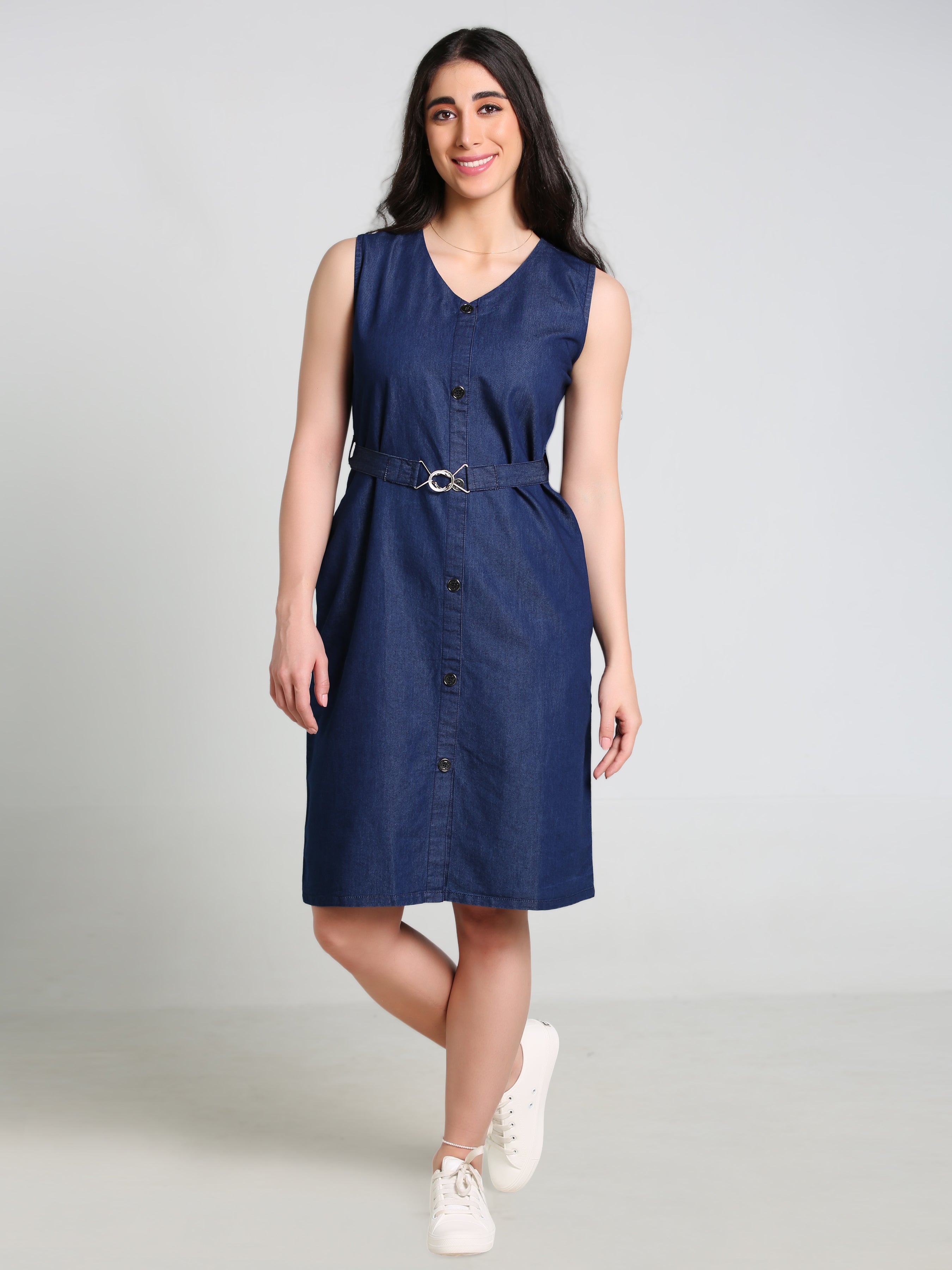 Denim Solid V Neck SL One-pieces Dress with belt