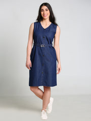 Denim Solid V Neck SL One-pieces Dress with belt