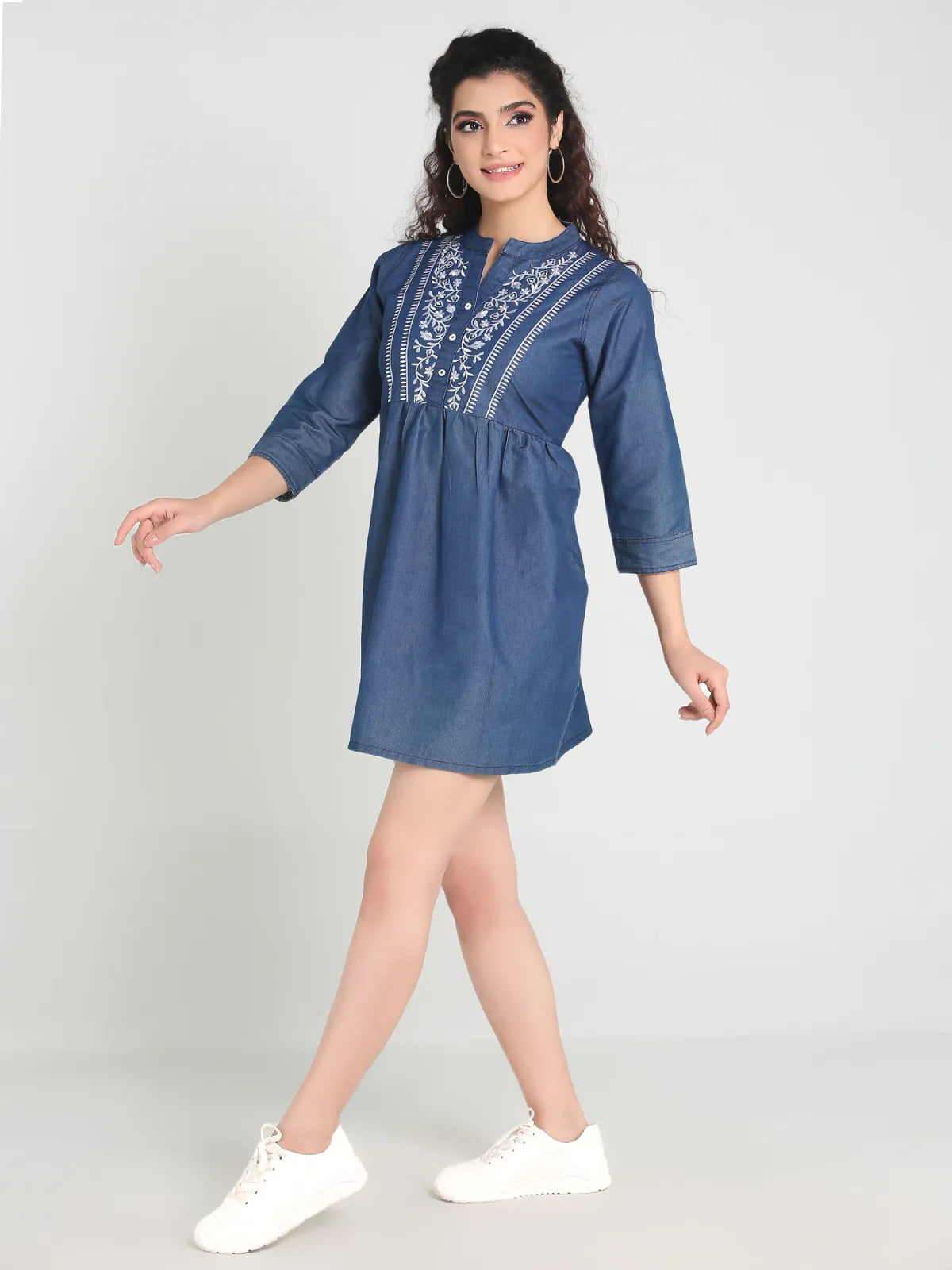 Denim Embroidered One Piecs Above Knee