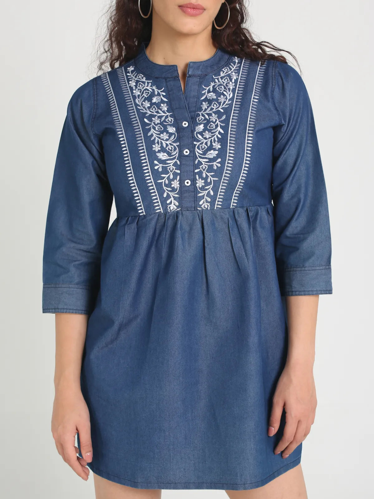 Denim Embroidered One Piecs Above Knee