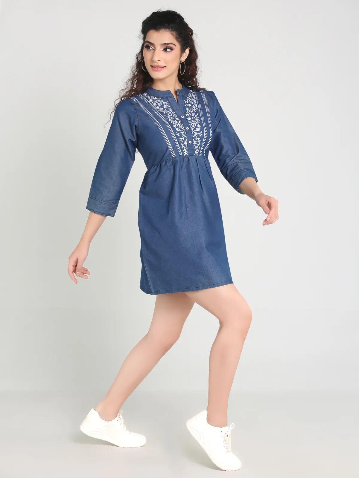 Denim Embroidered One Piecs Above Knee