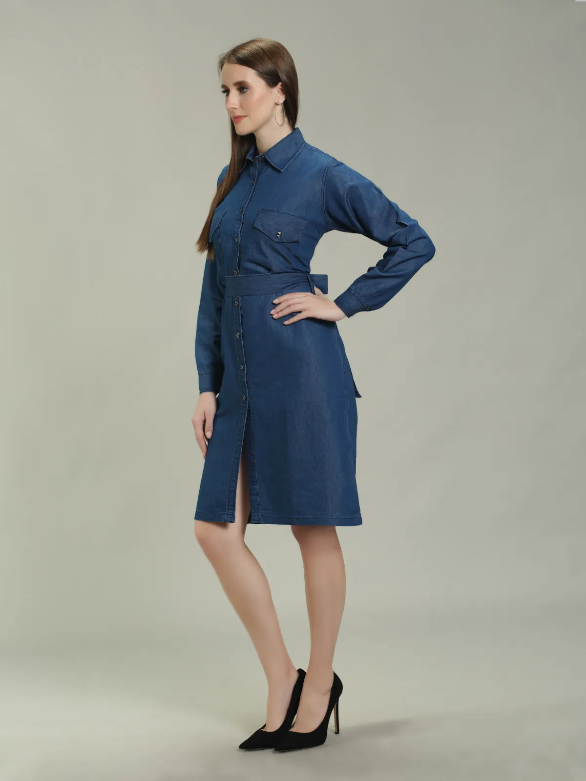 Denim Solid One piece W Both Side Shirt Pocket with belt