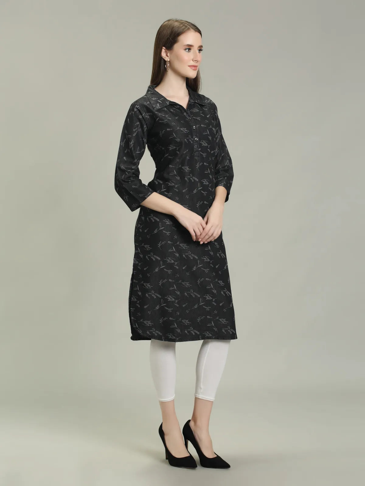 Denim Printed Apple Straight Kurti One Side Pocket