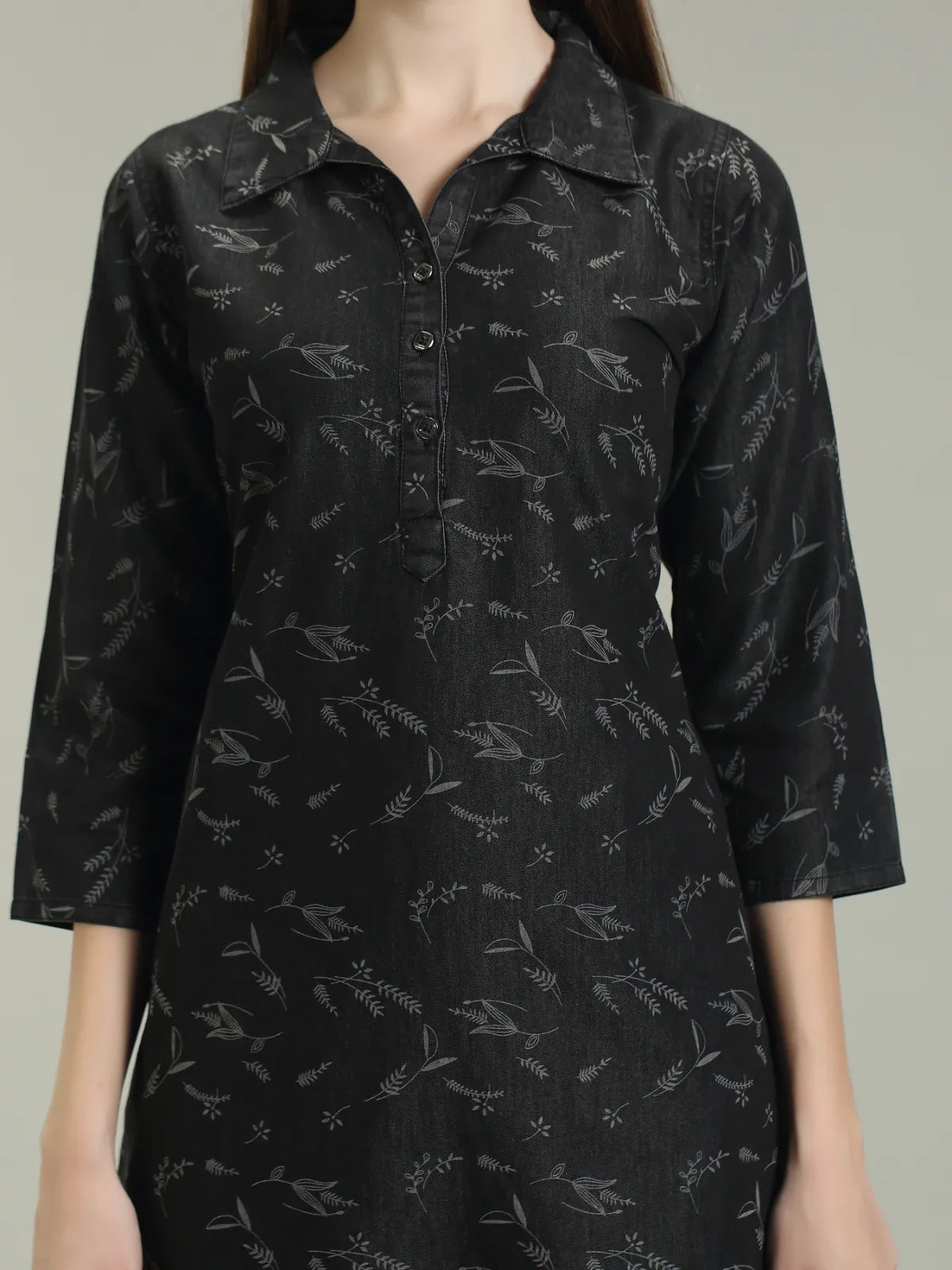 Denim Printed Apple Straight Kurti One Side Pocket