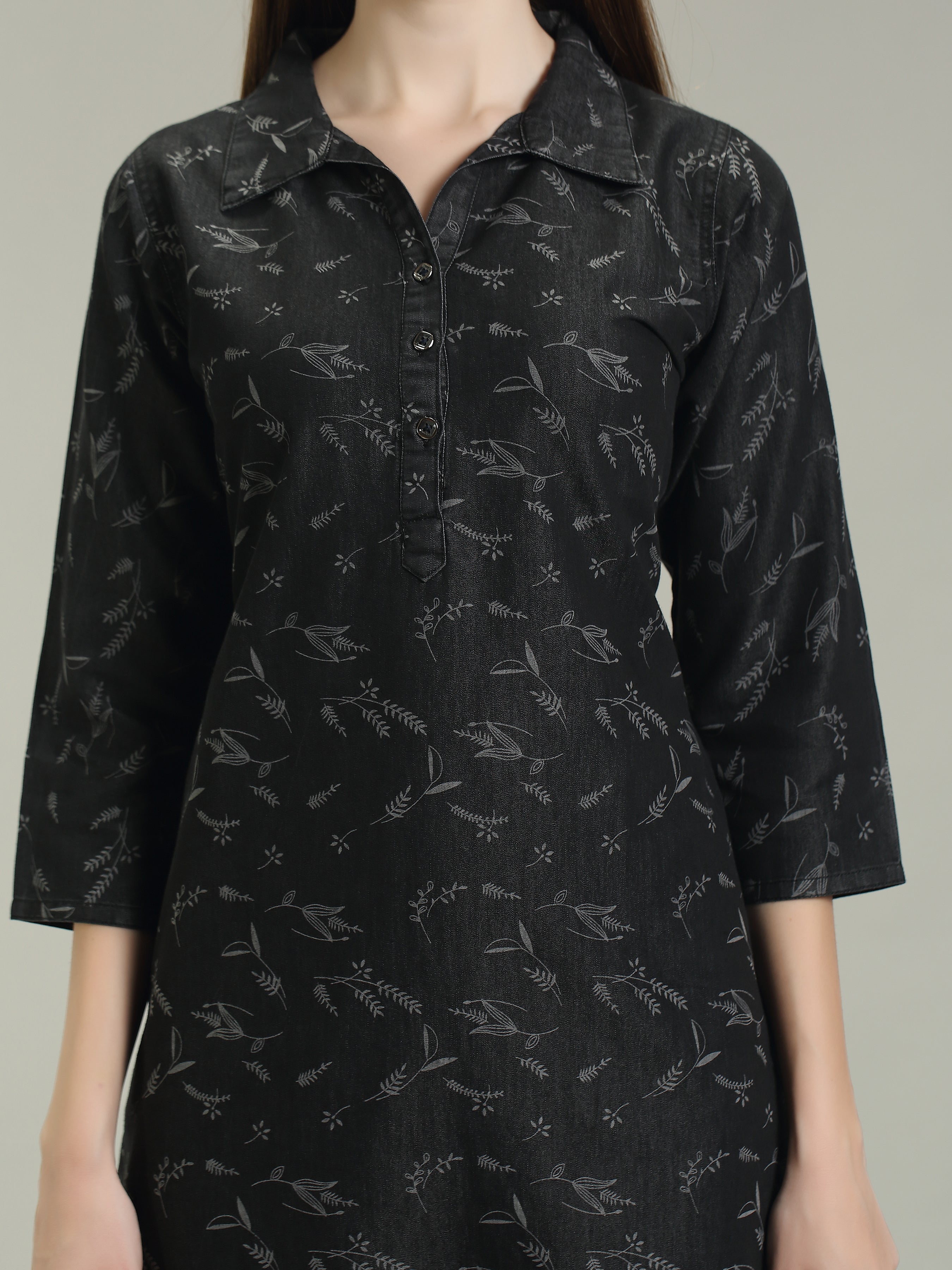 Denim Printed Apple Straight Kurti One Side Pocket
