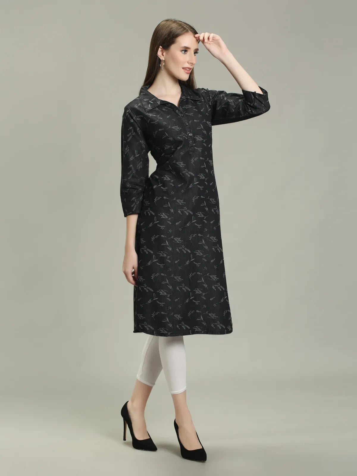 Denim Printed Apple Straight Kurti One Side Pocket