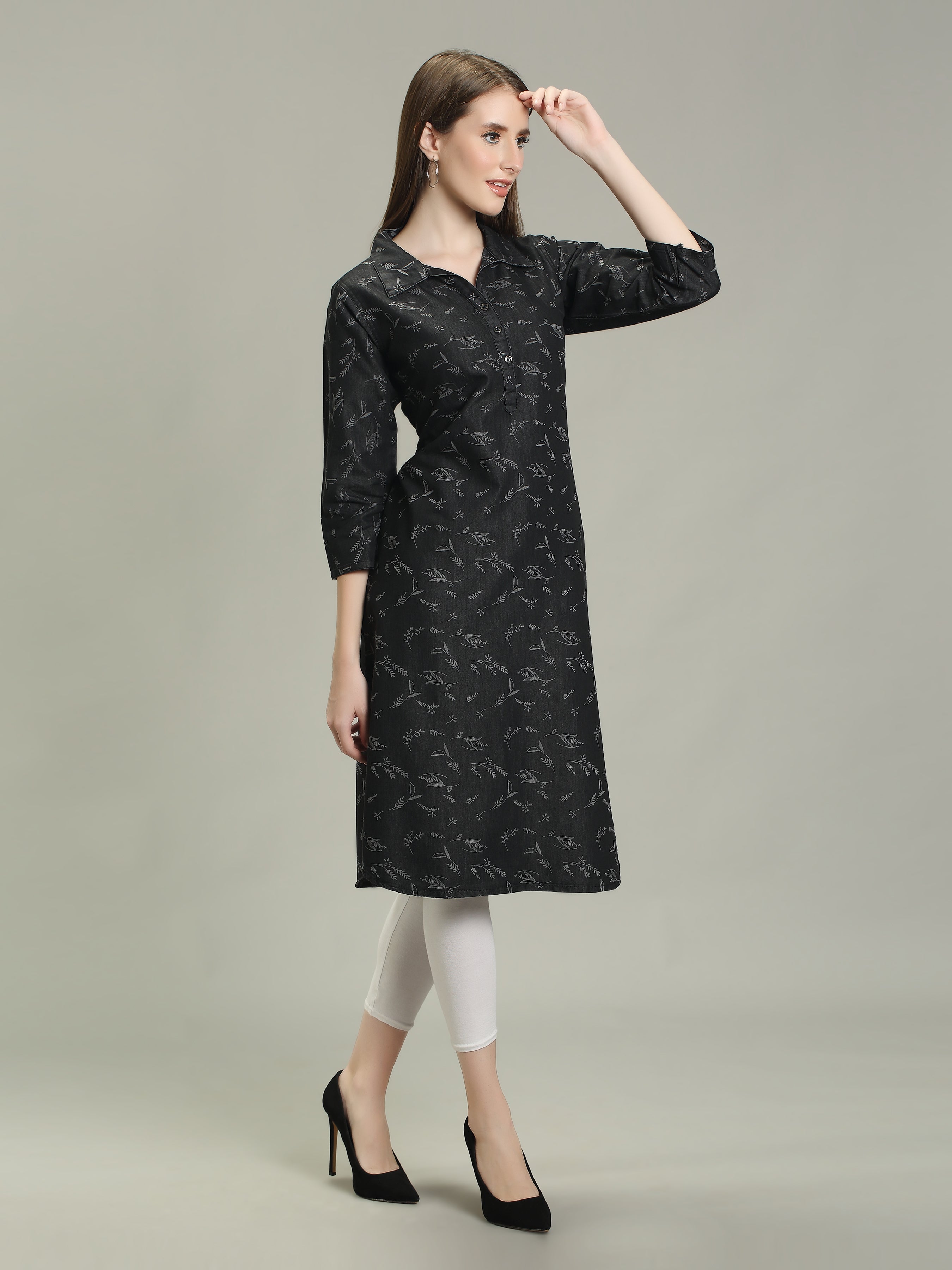 Denim Printed Apple Straight Kurti One Side Pocket