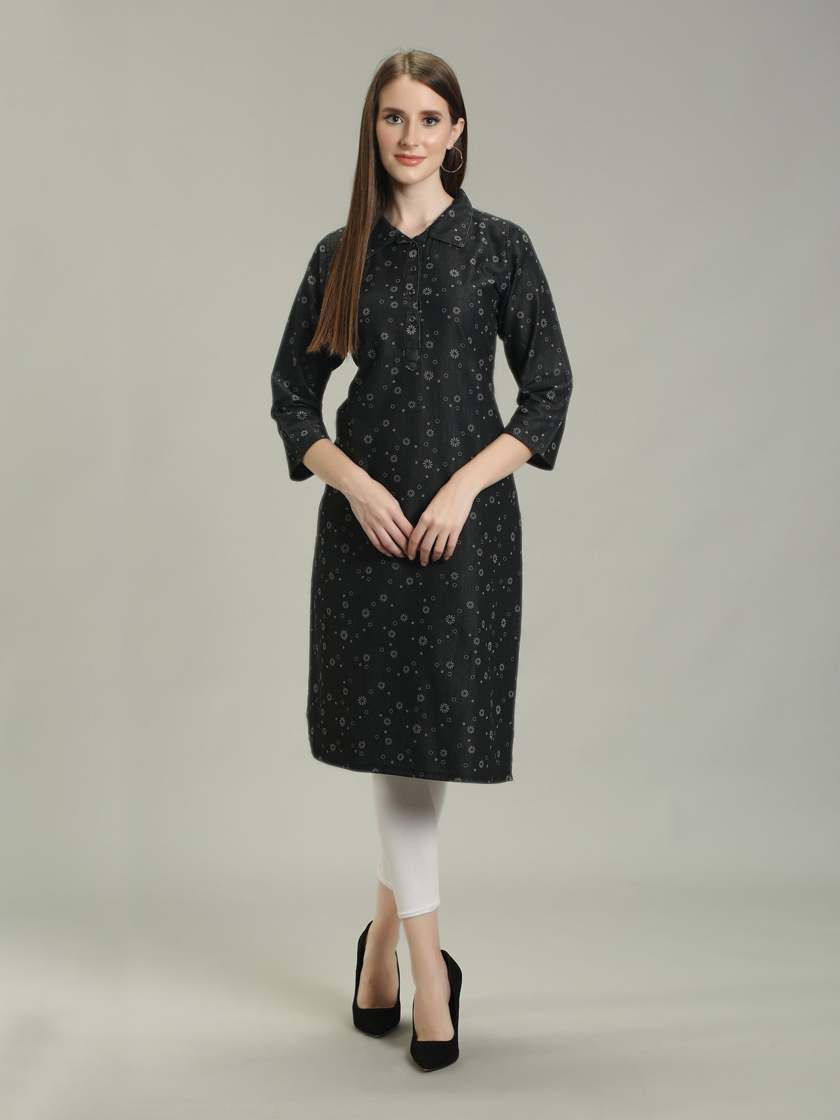 Black Denim allover Printed Apple Cut one side Pocket  Shirt Collar Kurta