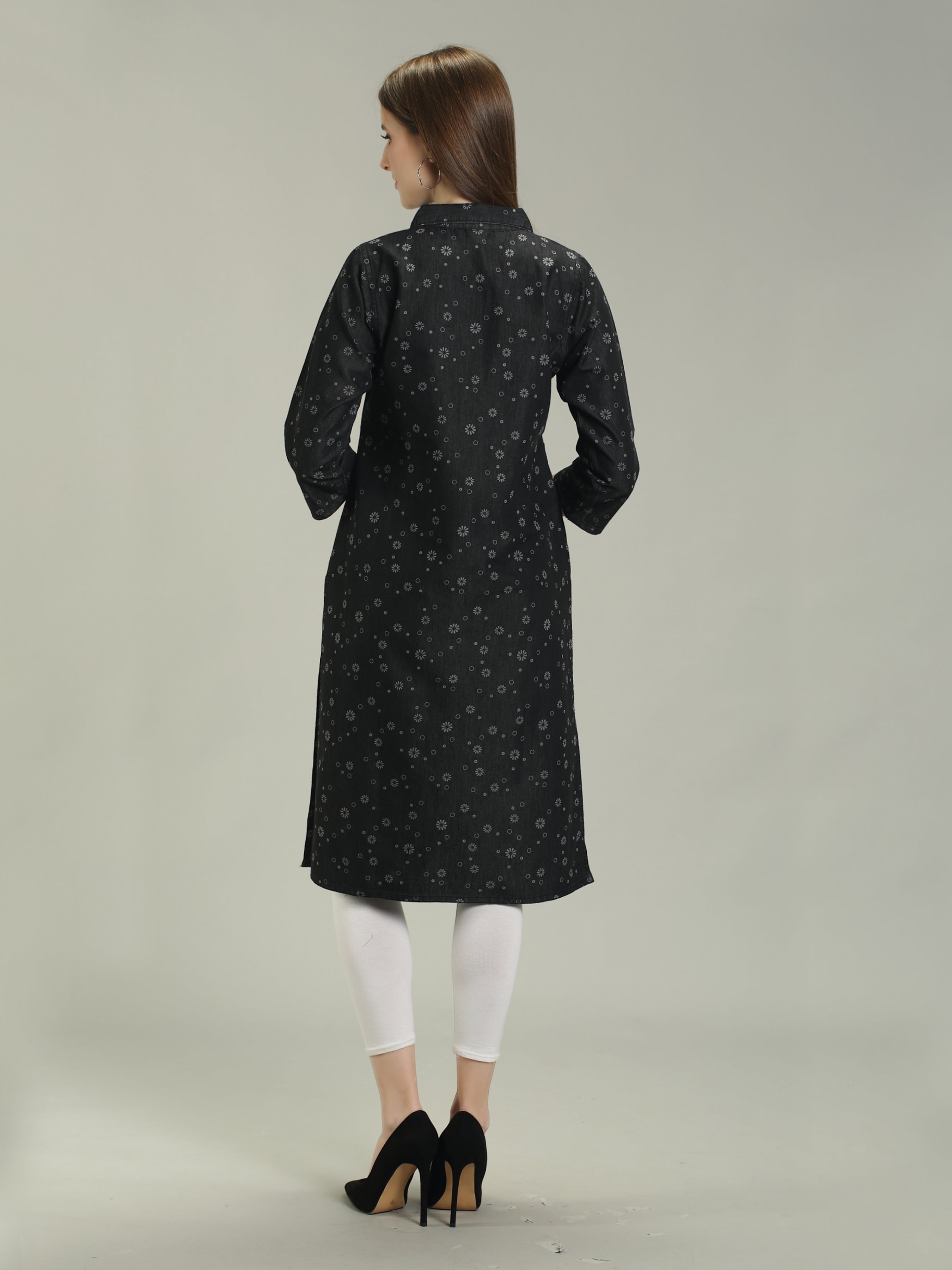 Black Denim allover Printed Apple Cut one side Pocket  Shirt Collar Kurta