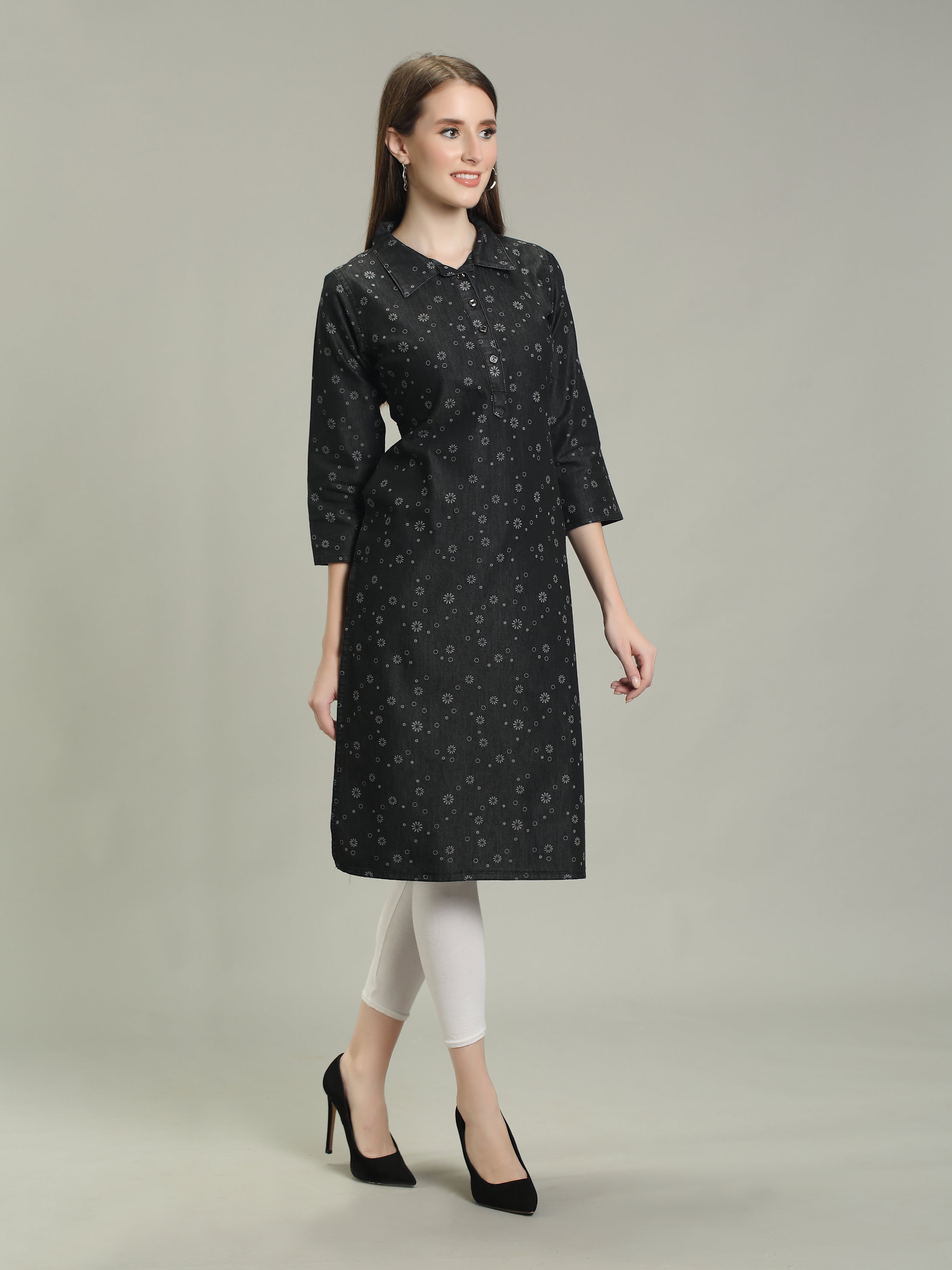 Black Denim allover Printed Apple Cut one side Pocket  Shirt Collar Kurta