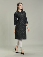 Black Denim allover Printed Apple Cut one side Pocket  Shirt Collar Kurta