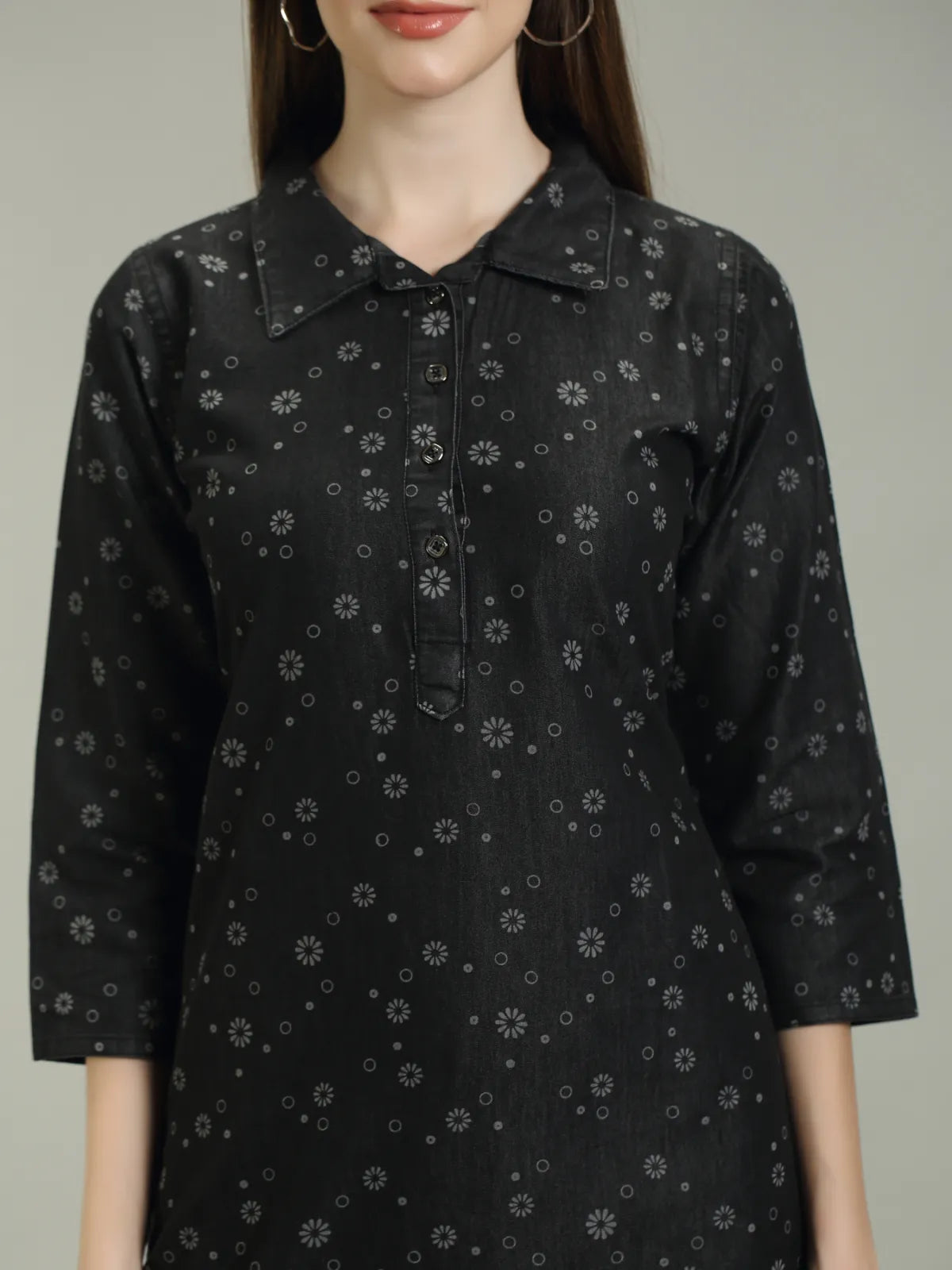 Denim Printed Apple Cut Kurta One Side Pocket