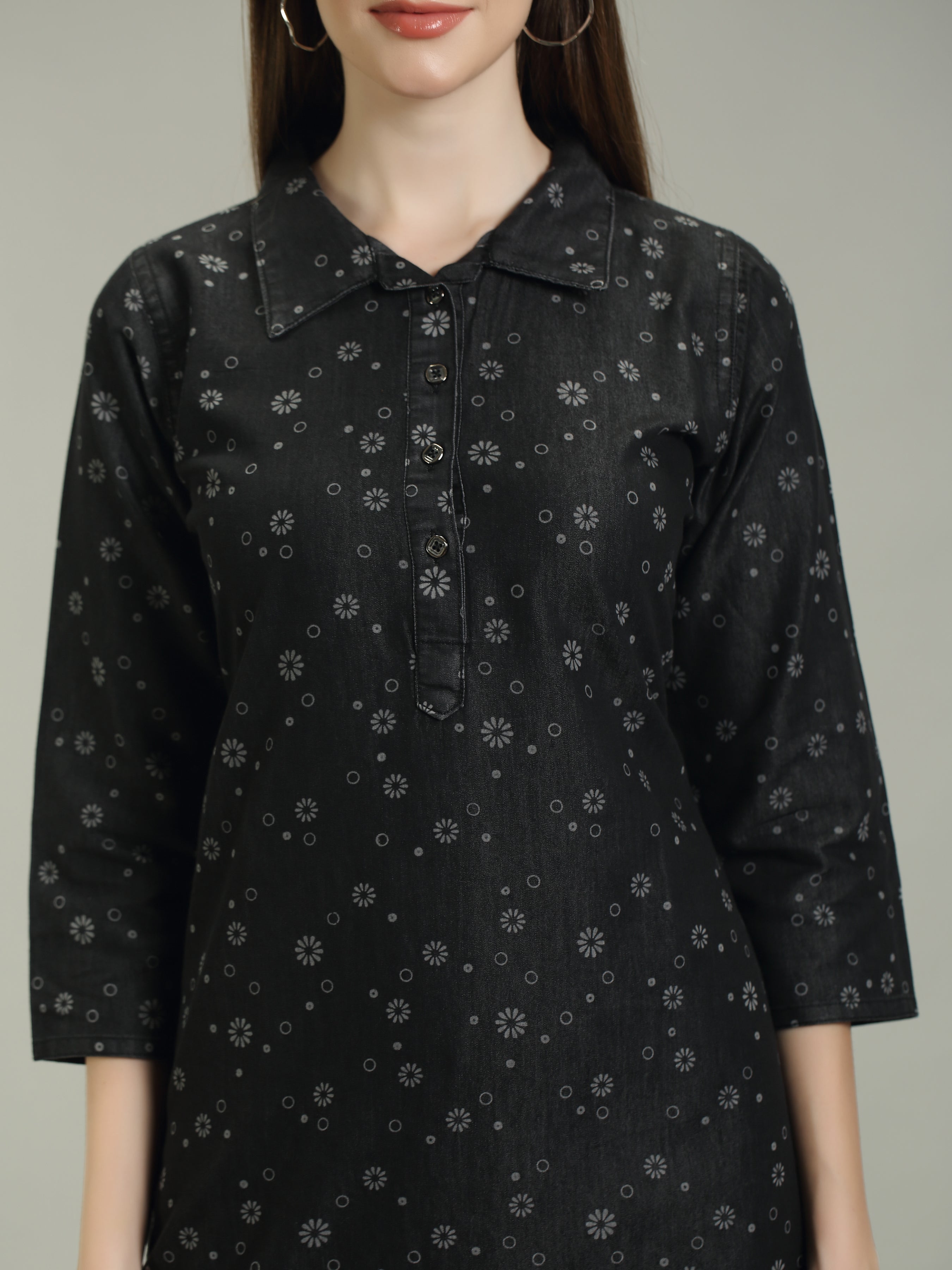 Black Denim allover Printed Apple Cut one side Pocket  Shirt Collar Kurta