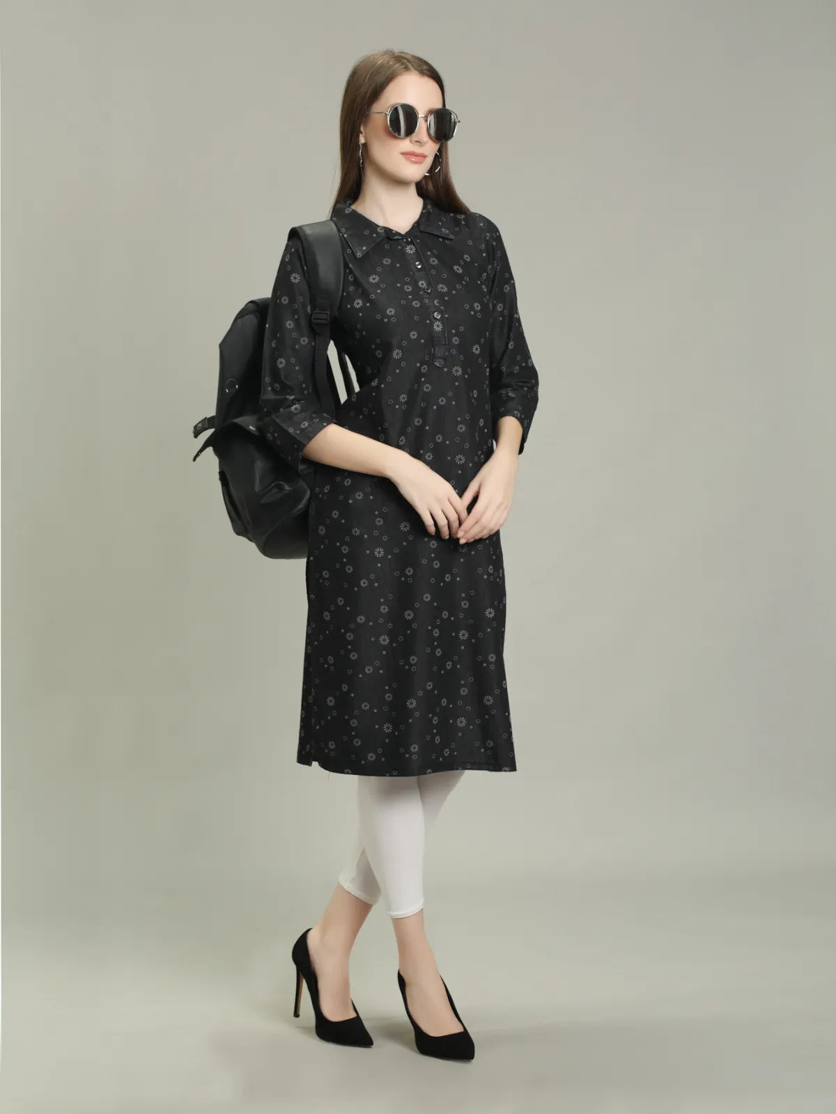 Denim Printed Apple Cut Kurta One Side Pocket