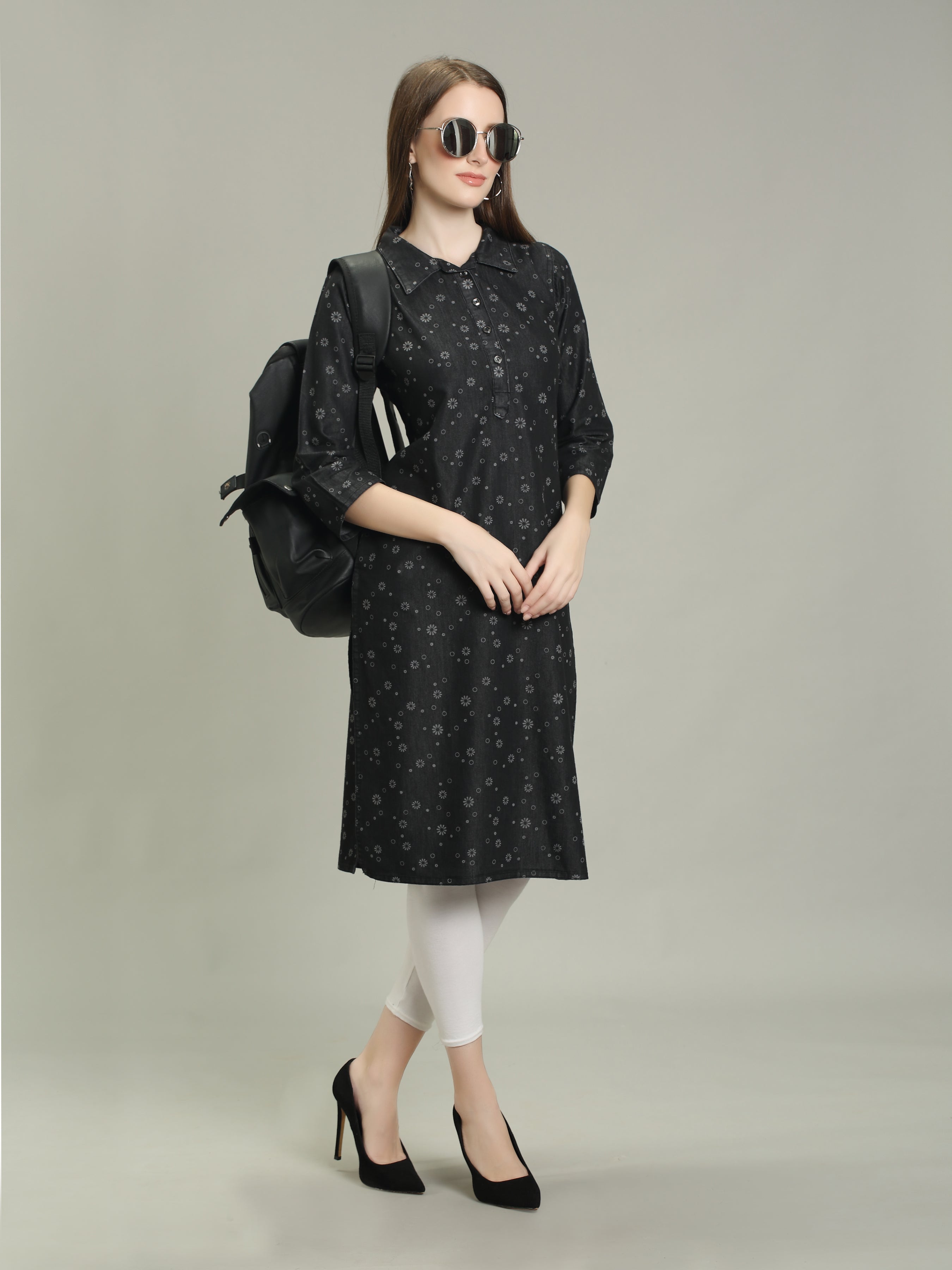 Black Denim allover Printed Apple Cut one side Pocket  Shirt Collar Kurta