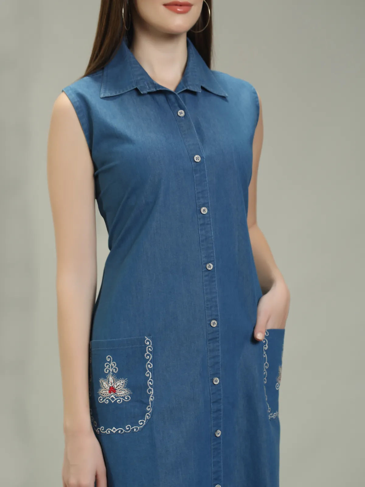 Denim Pocket Embroidered Shirt Collar One Piecs