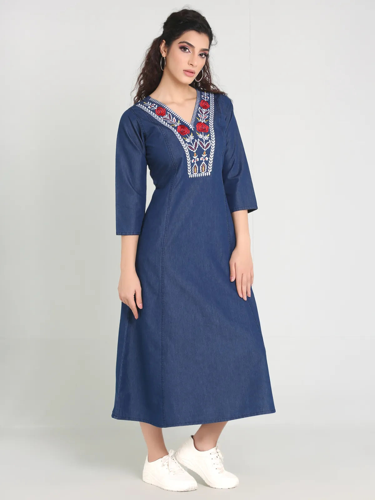 Denim Red flower Embroidered Kurta