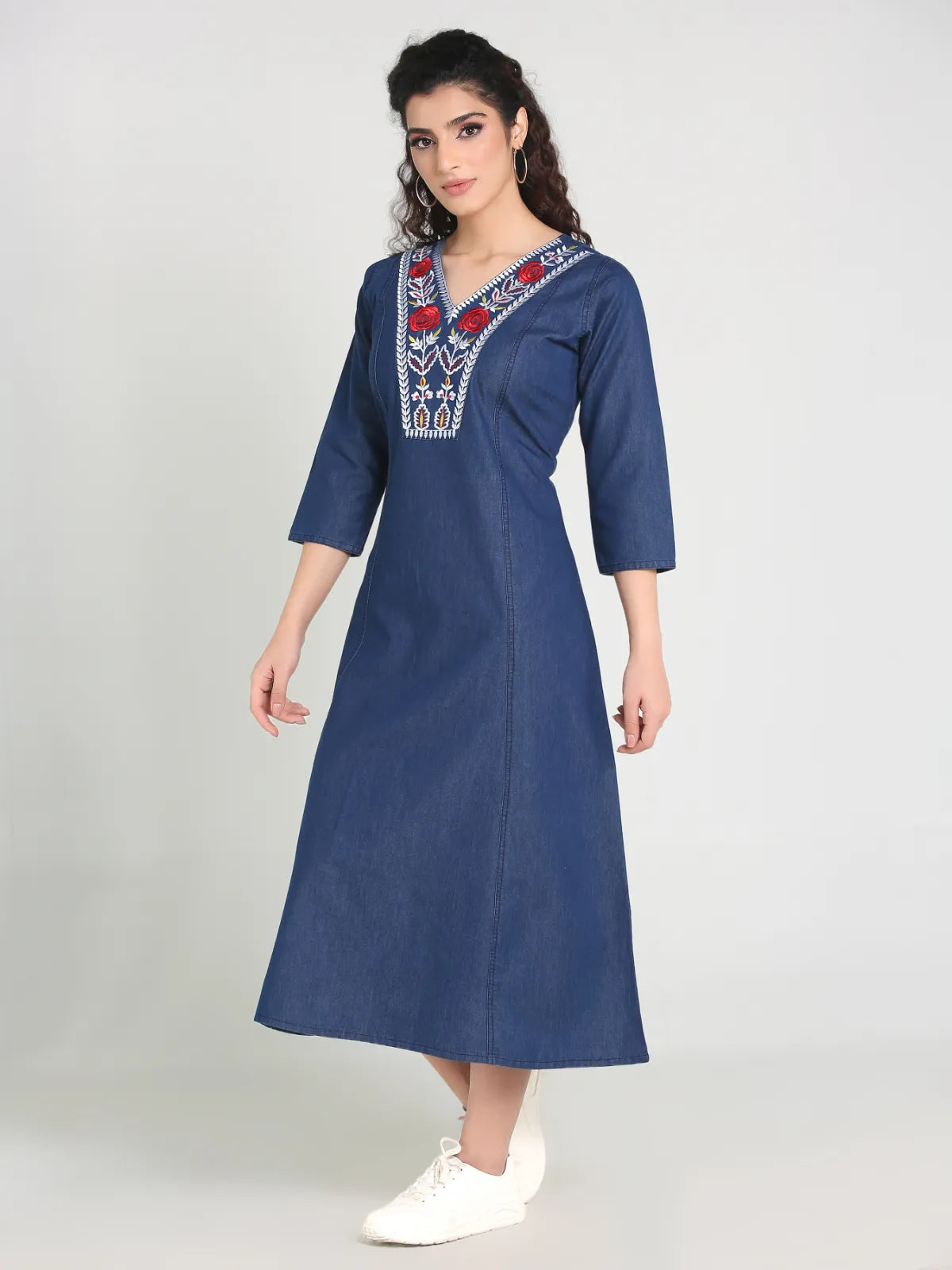 Denim Red flower Embroidered Kurta