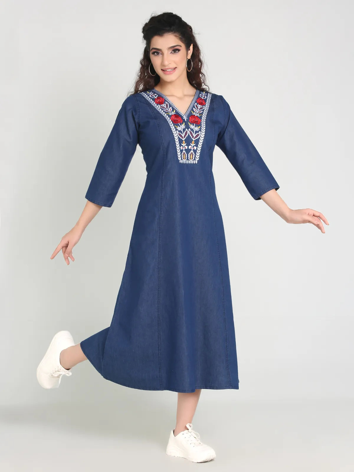 Denim Red flower Embroidered Kurta
