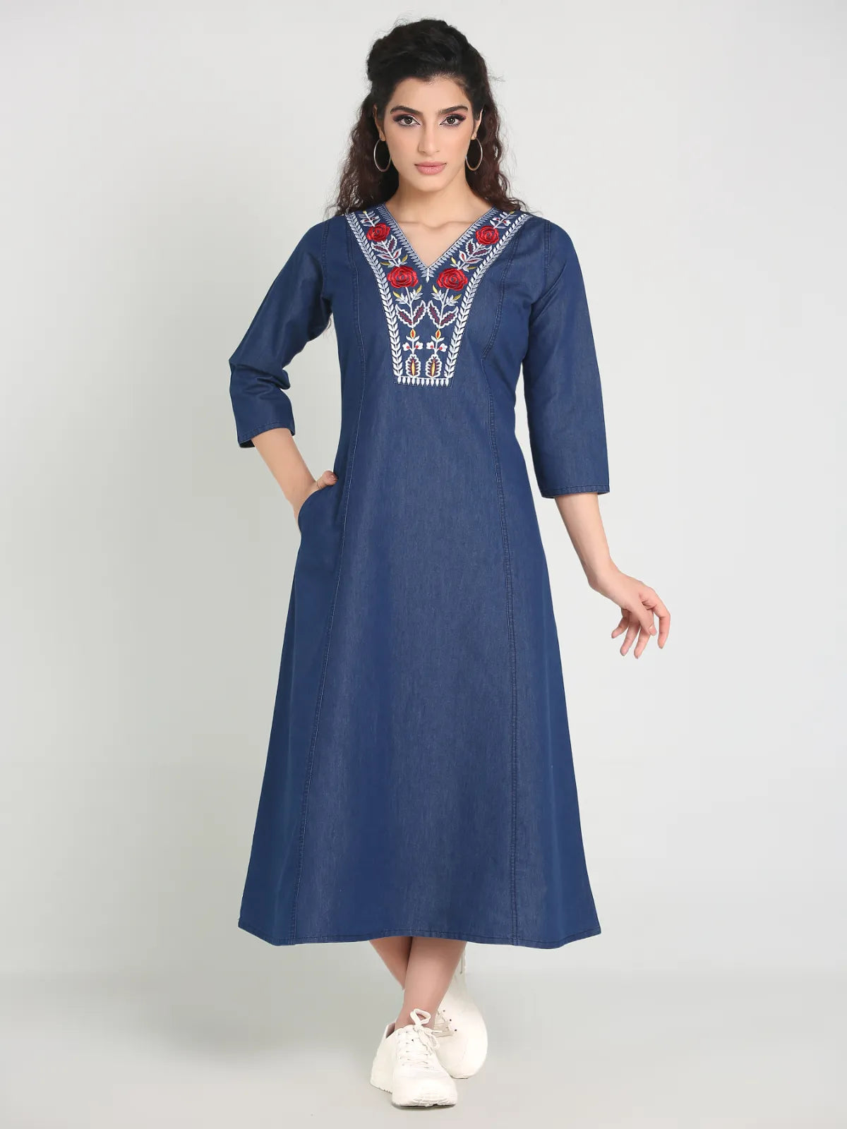 Denim Red Flower Embroidred Dress – Havva Fashion