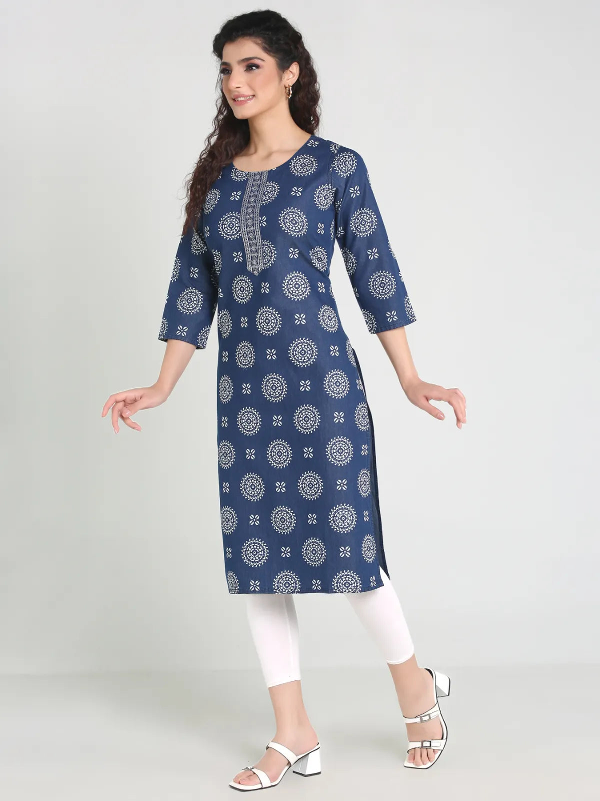 Denim Printed Embroidered Kurta with Patti
