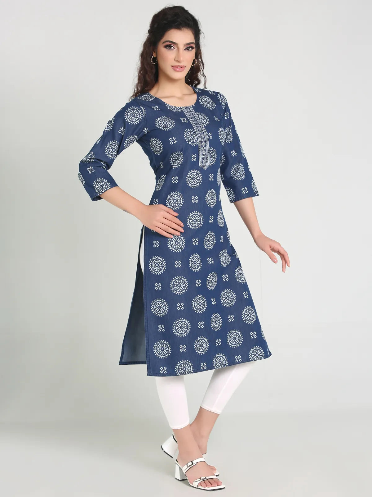 Denim Printed Embroidered Kurta with Patti