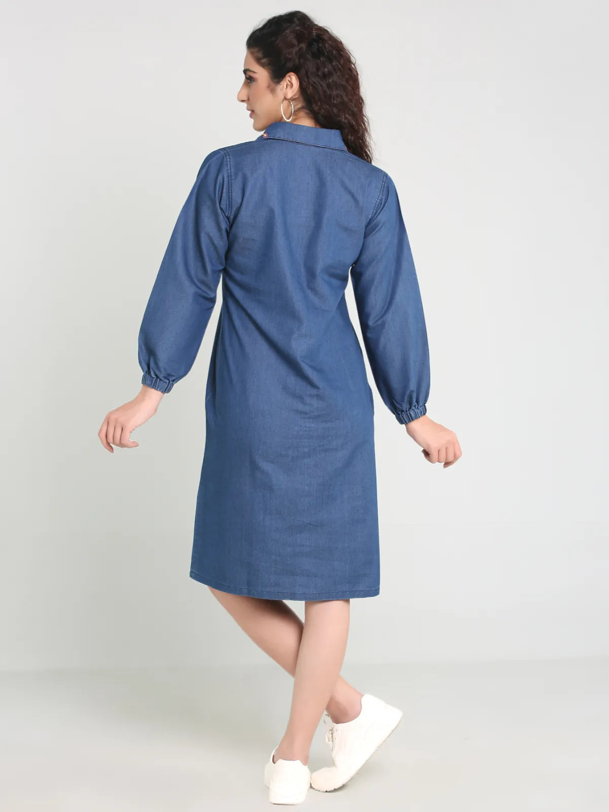 Denim Collar Pocket Embroidered Shirt Collar One Piecs