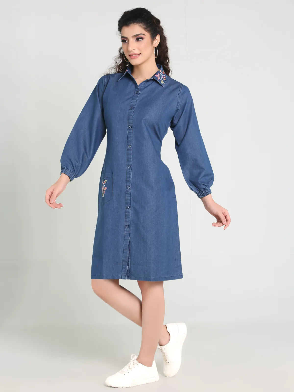 Denim Collar Pocket Embroidered Shirt Collar One Piecs