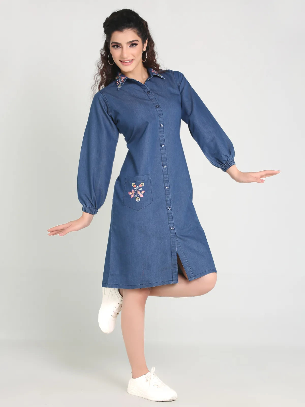 Denim Collar Pocket Embroidered Shirt Collar One Piecs
