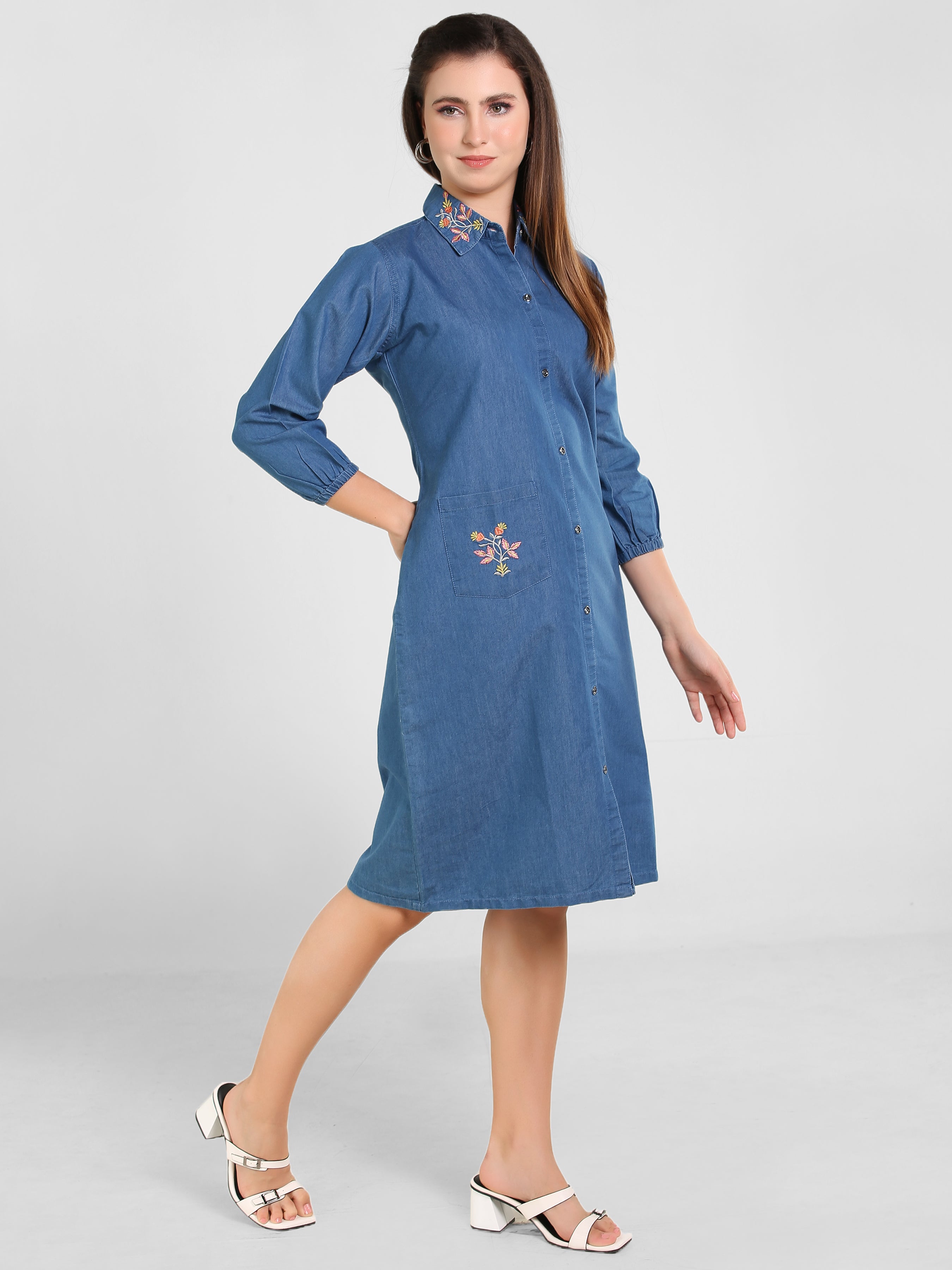 Denim Collar Pocket Embroidered Shirt Collar One Piece