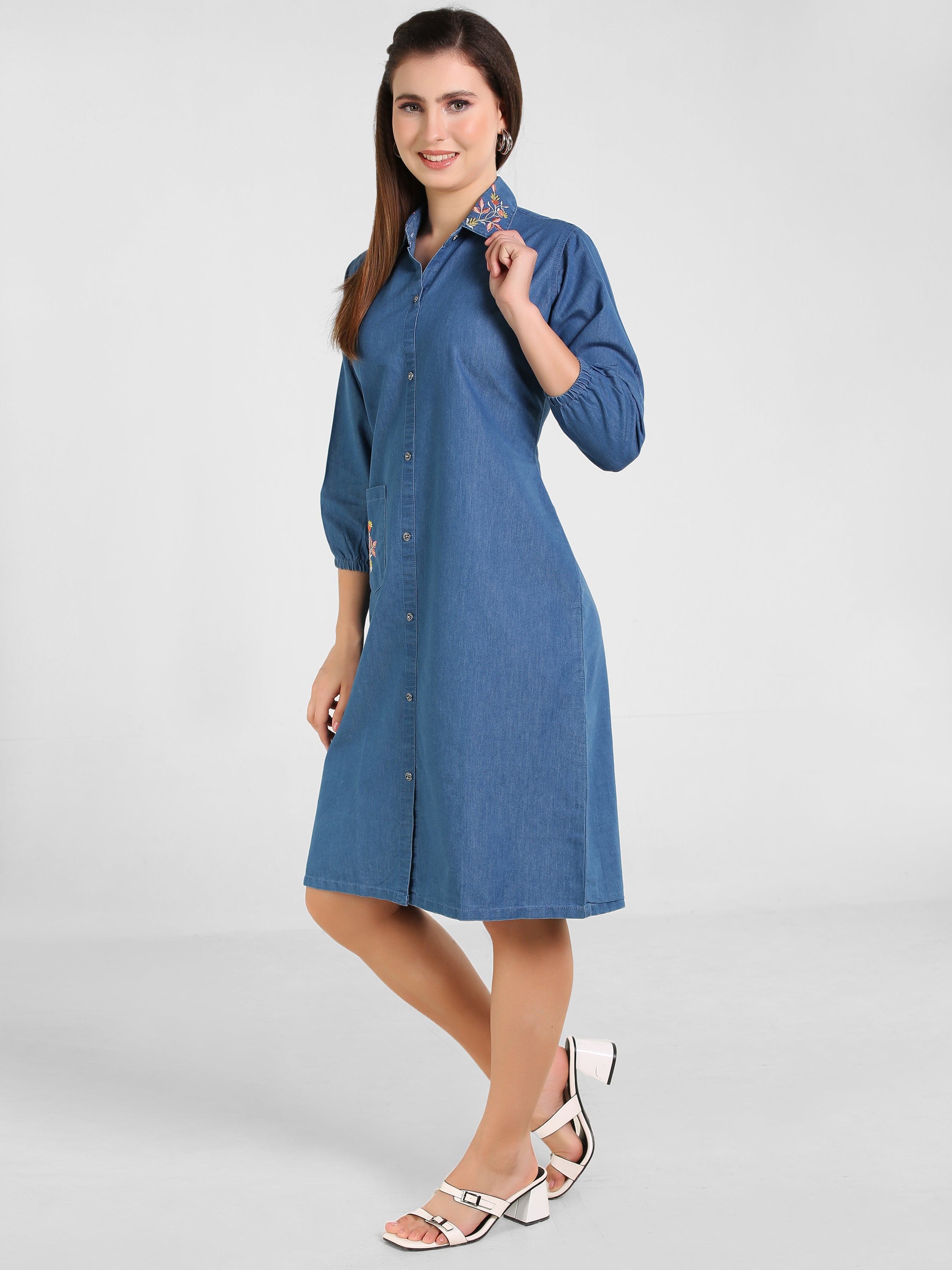 Denim Collar Pocket Embroidered Shirt Collar One Piece