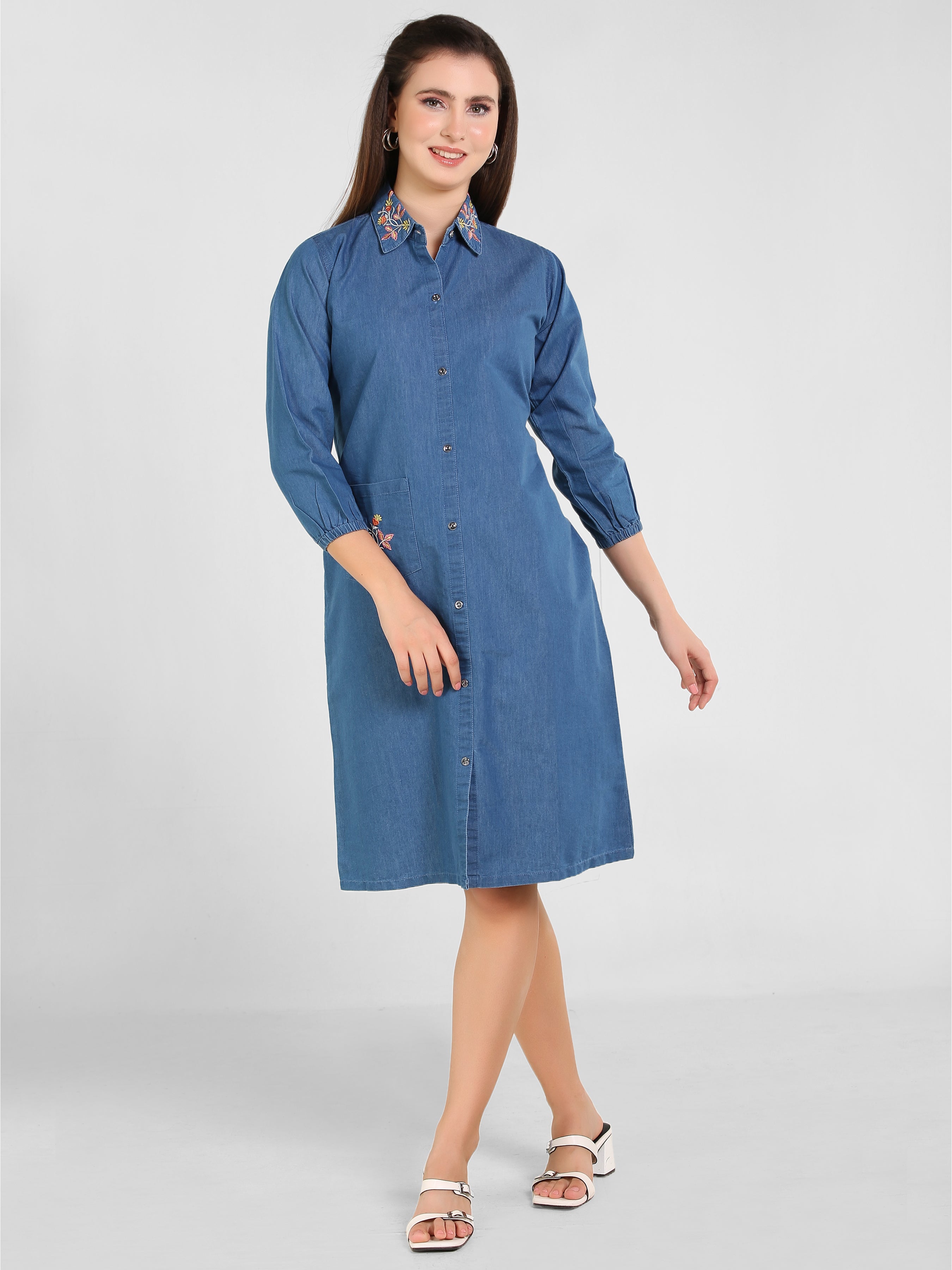 Denim Collar Pocket Embroidered Shirt Collar One Piece