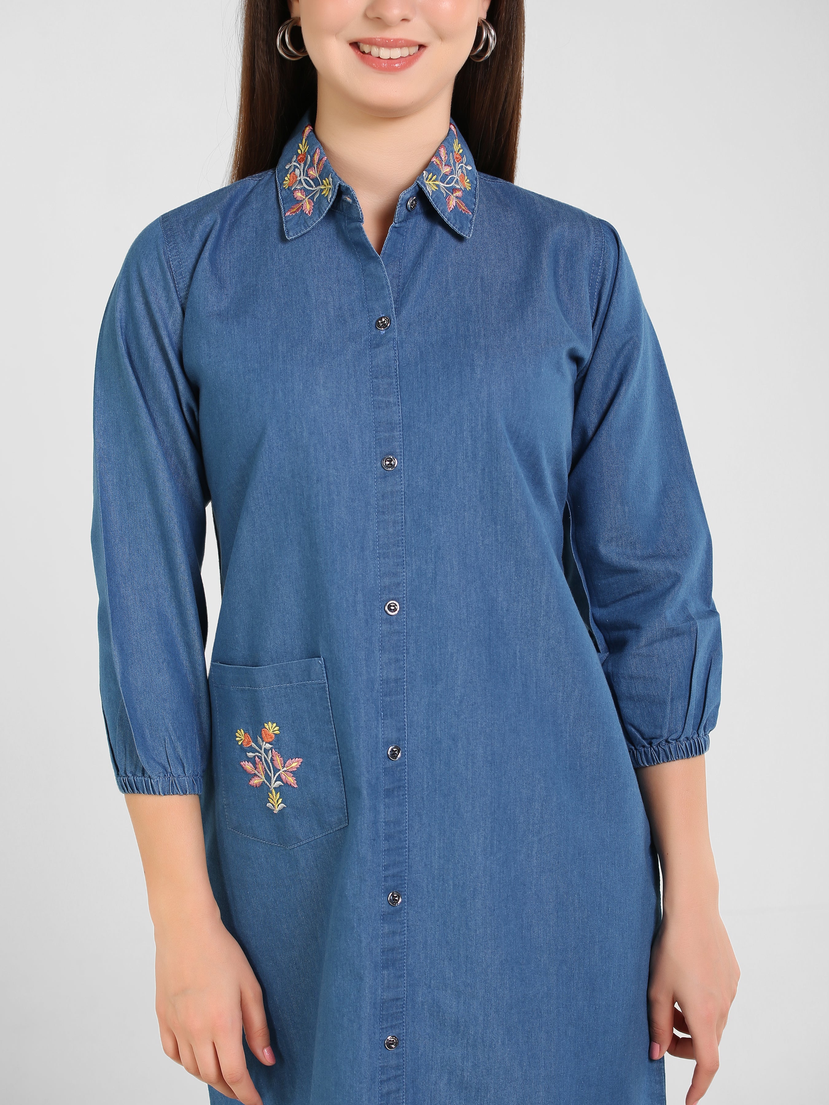 Denim Collar Pocket Embroidered Shirt Collar One Piece