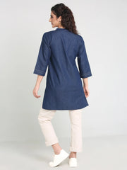 Denim Embroidered Mandarine Collar Kurti