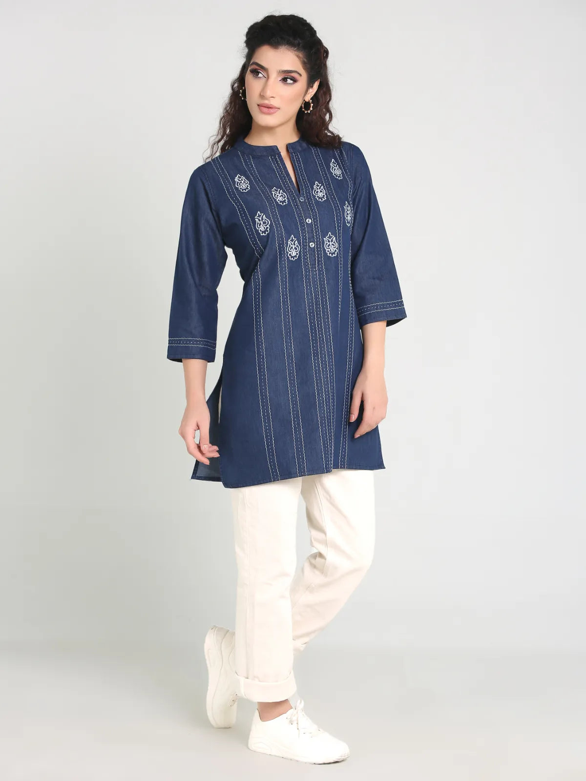 Denim Embroidered Mandarine Collar Kurti