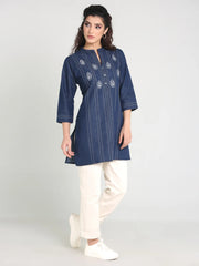 Denim Embroidered Mandarine Collar Kurti