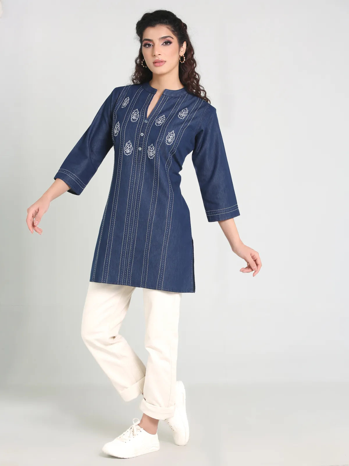 Denim Embroidered Mandarine Collar Kurti