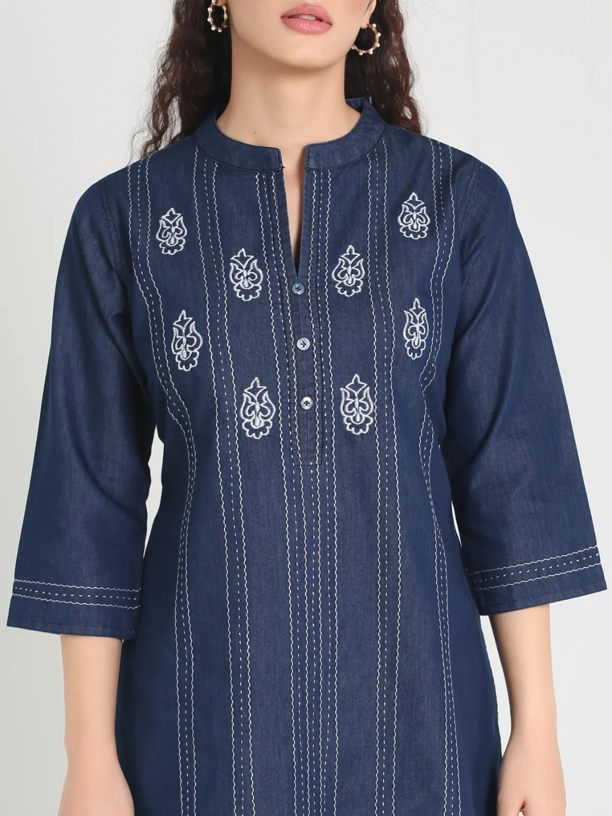 Denim Embroidered Mandarine Collar Kurti