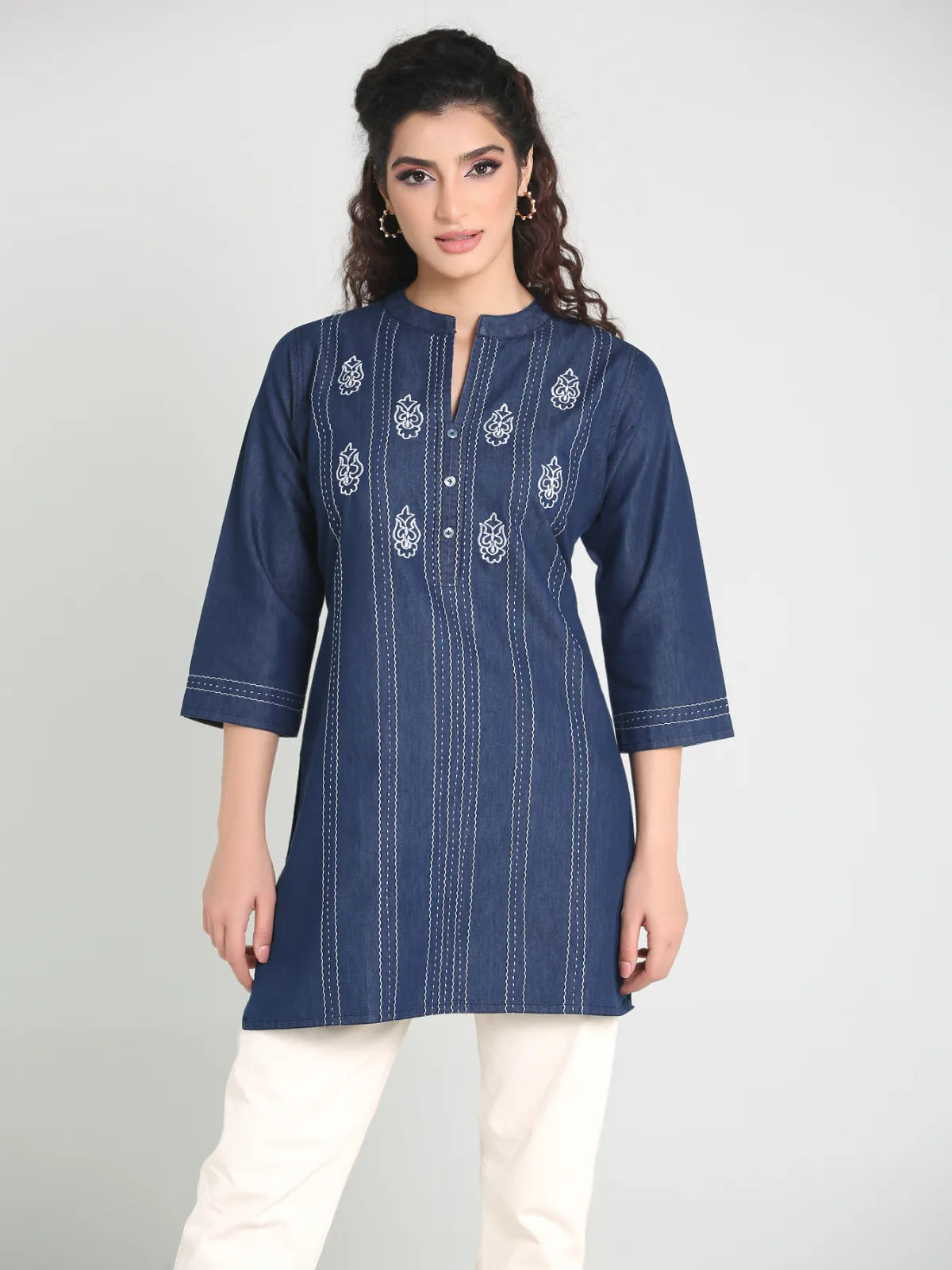 Denim Embroidered Mandarine Collar Kurti