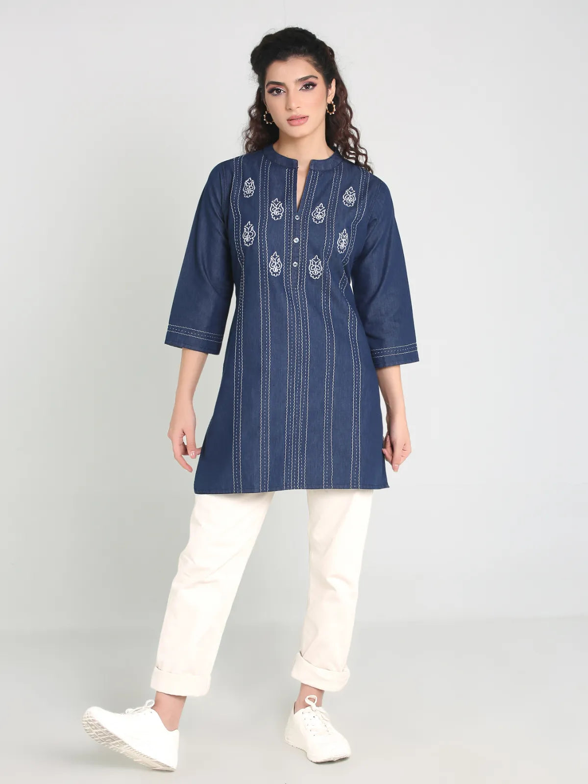 Denim Embroidered Mandarine Collar Kurti