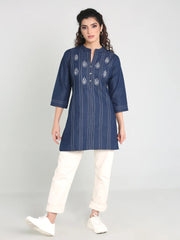 Denim Embroidered Mandarine Collar Kurti