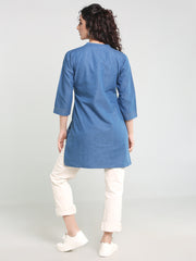 Denim Embroidered Mandarin Collar Kurti