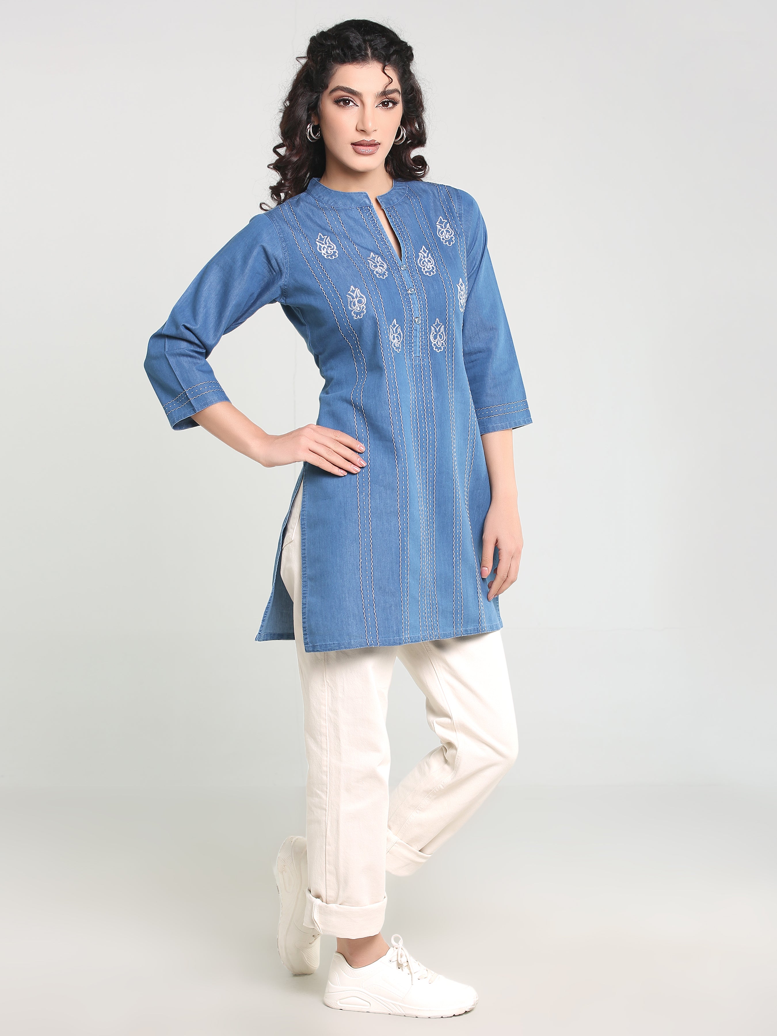 Denim Embroidered Mandarin Collar Kurti