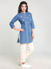 Denim Embroidered Mandarin Collar Kurti