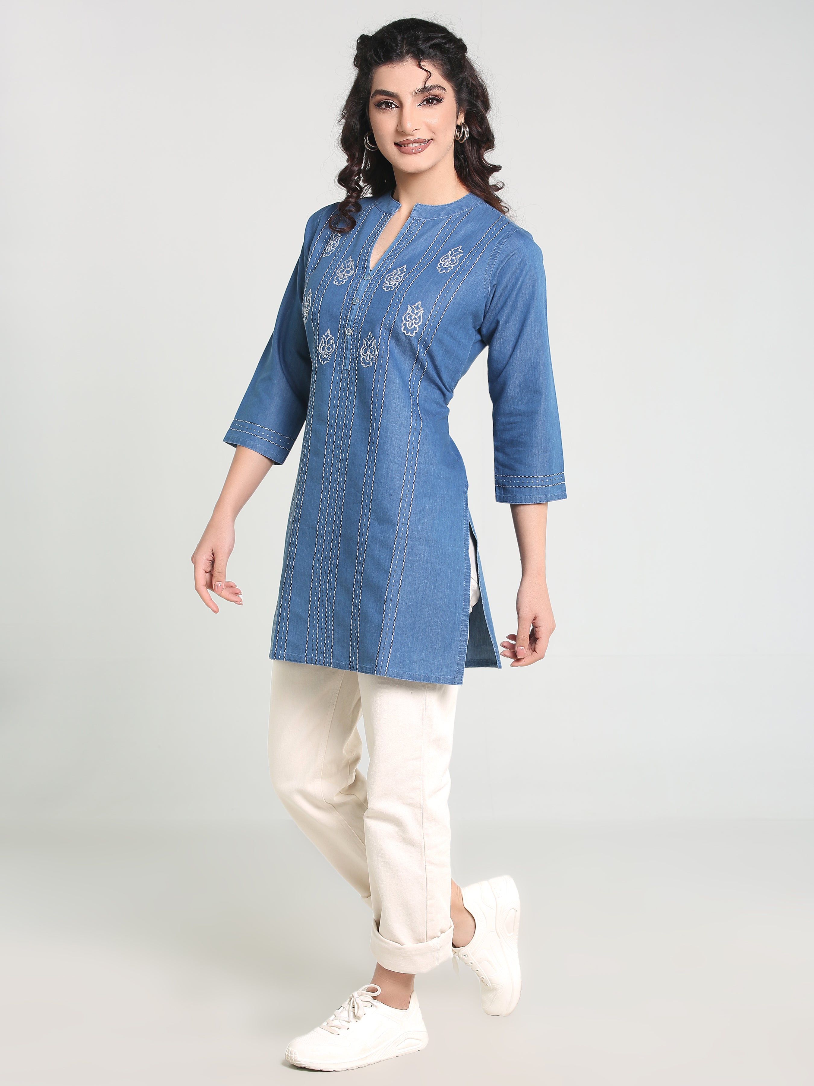 Denim Embroidered Mandarin Collar Kurti