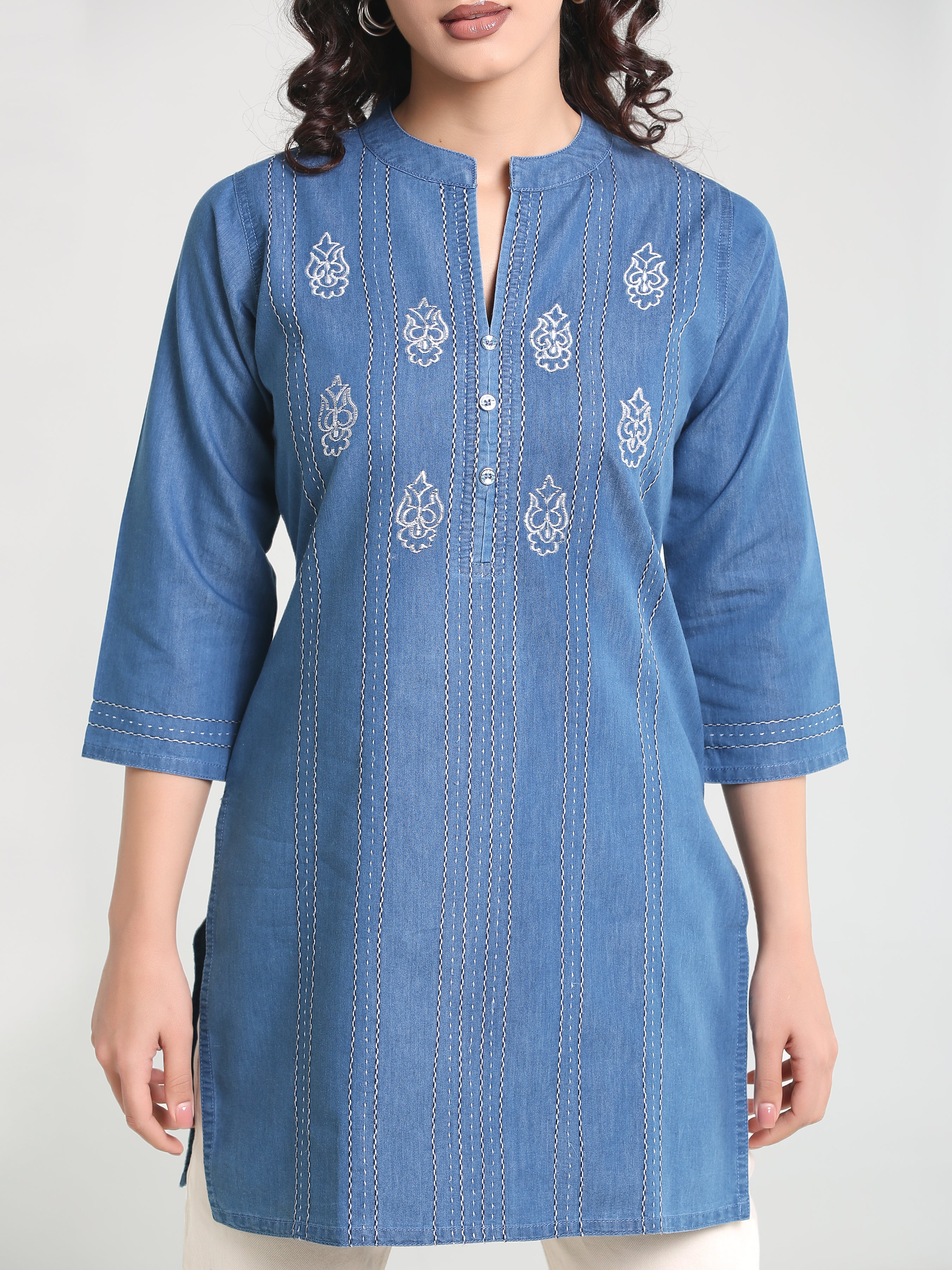 Denim Embroidered Mandarin Collar Kurti