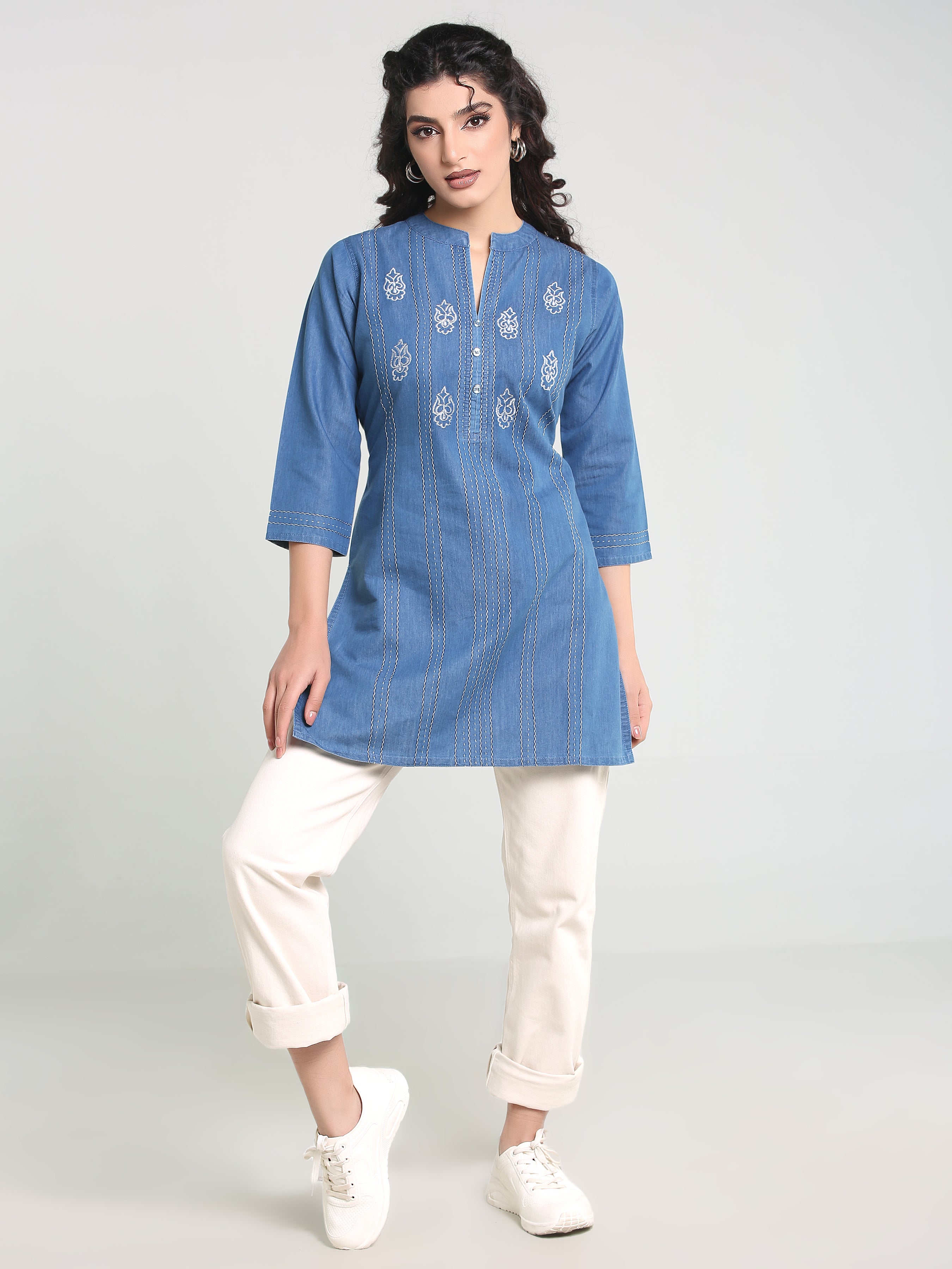 Denim Embroidered Mandarin Collar Kurti