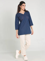 Denim Embroidered Kantha work V Neck Style Kurti