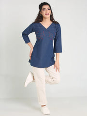 Denim Embroidered Kantha work V Neck Style Kurti