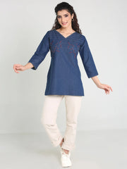 Denim Embroidered Kantha work V Neck Style Kurti